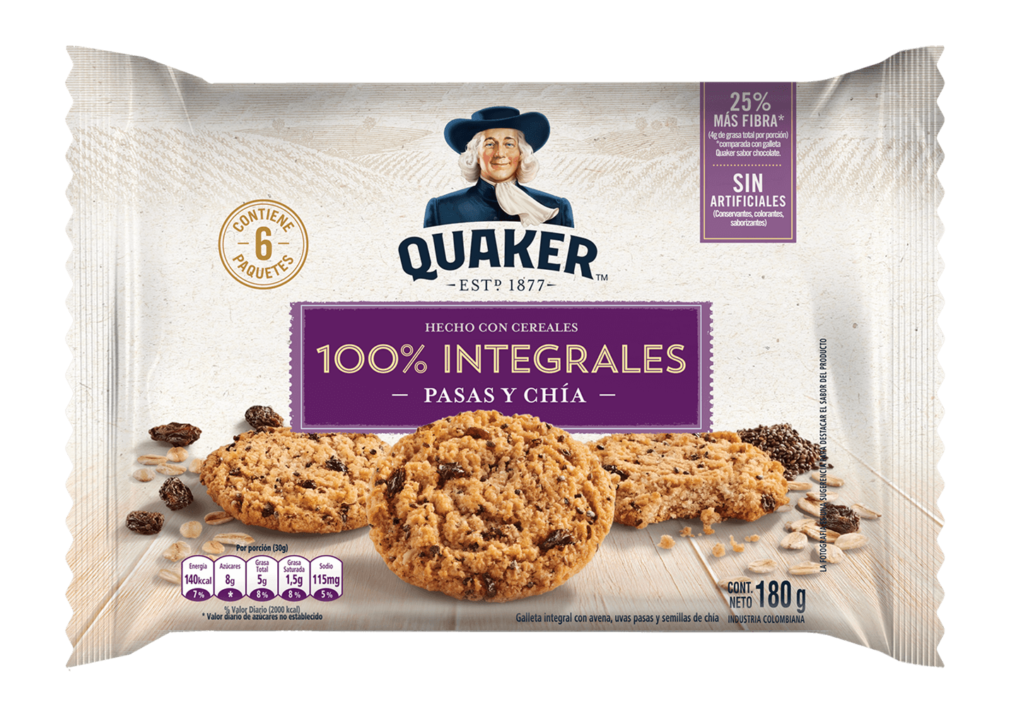 GALLETA INTEGRAL QUAKER PASAS Y CHIA *6und*180gr_1 GALLETA INTEGRAL QUAKER PASAS Y CHIA *6und*180gr_1